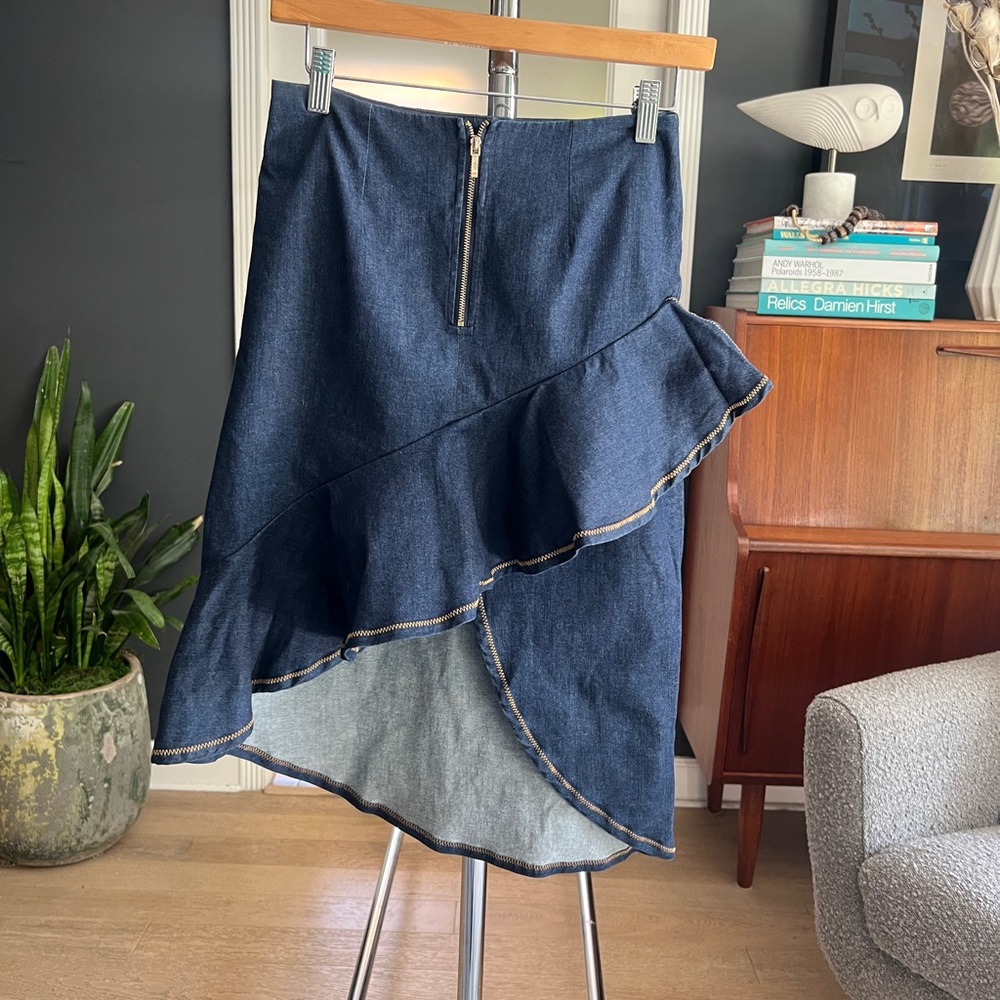 Amur Denim Asymmetrical Ruffle Skirt bought from Rent The Runway